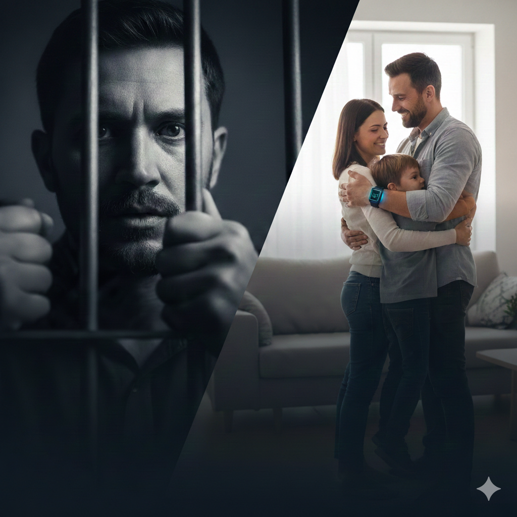 Zestawienie dwóch sytuacji: mężczyzna za kratami więzienia oraz szczęśliwa rodzina tuląca się w domu – symbol walki o dozór elektroniczny SDE.